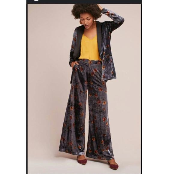 Ett:Twa by Anthropologie Jessie Velvet Floral Wide-Leg Pants Size:S - Picture 1 of 9